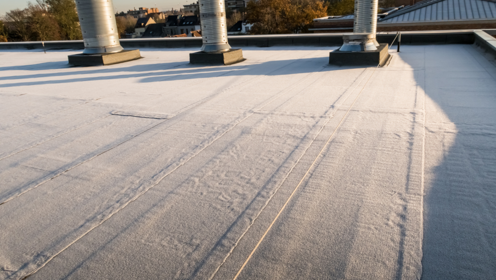 Flat commercial roof with a smooth protective coating and metal vents in an urban setting.