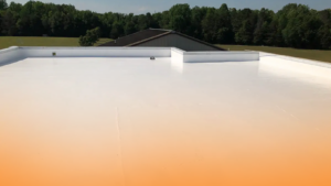 A roof featuring a white surface adorned with distinct orange lines, creating a striking visual contrast.