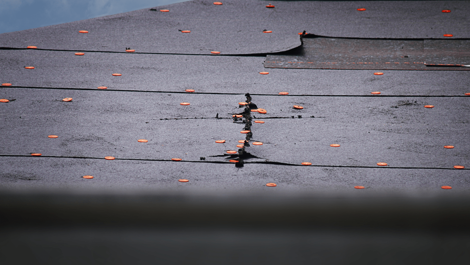 A roof adorned with a pattern of orange and black dots, creating a vibrant and eye-catching design.
