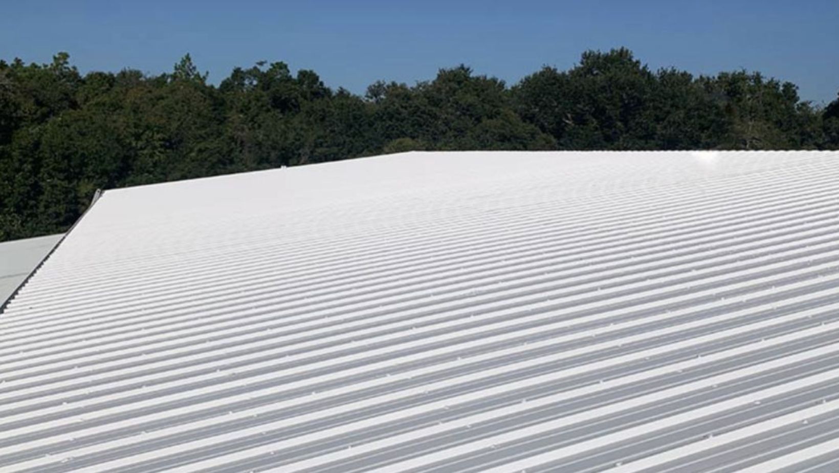 A roof covered with sleek white metal panels reflecting sunlight.