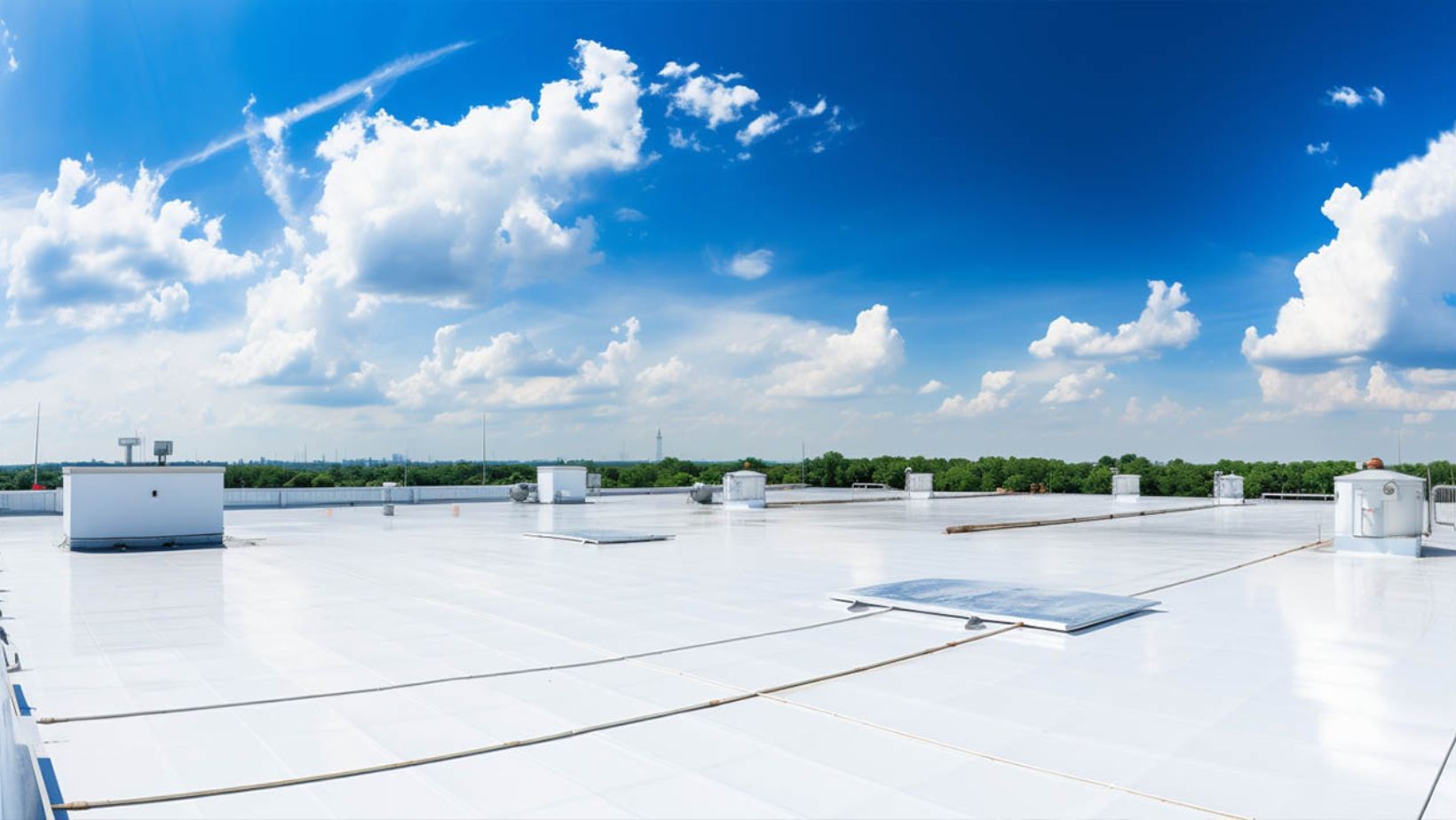 A roof with white tiles under a clear blue sky